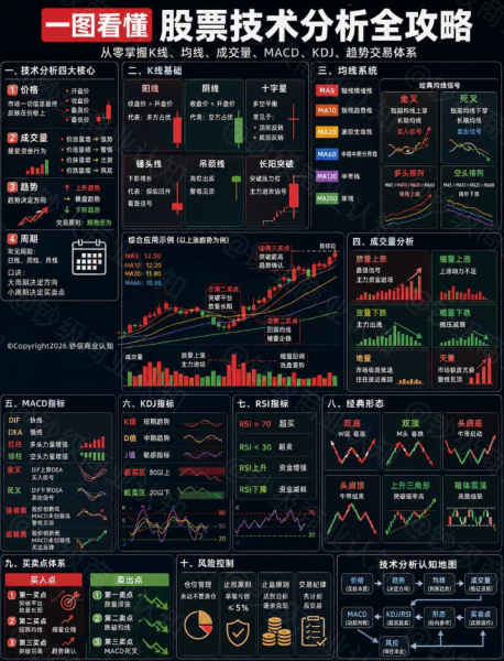 股票技术分析入门图解：K线、均线、MACD、KDJ、RSI一图看懂